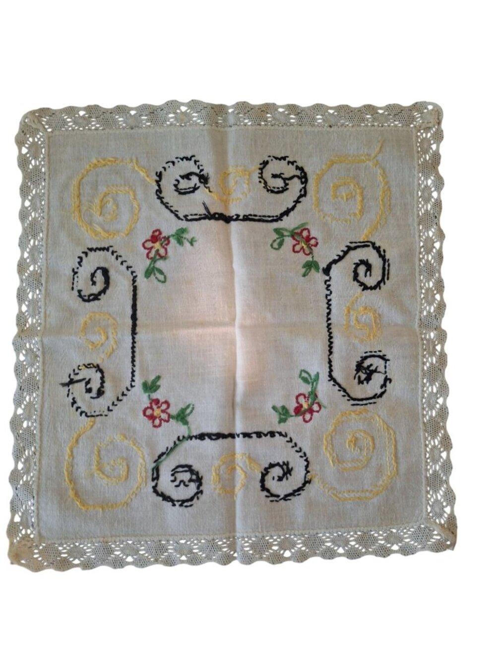 Vintage Hand Embroidered Linen Doily Lace Trim Cottagecore Floral 10x10"